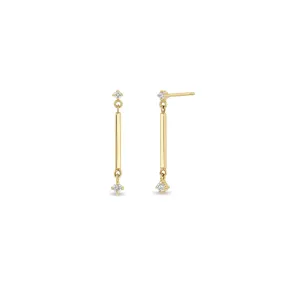 14k Gold Bar & 2 Prong Diamond Drop Earrings