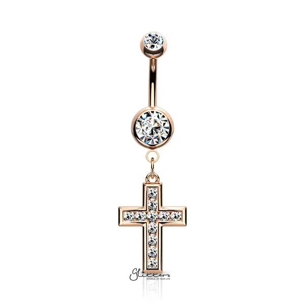 316L Surgical Steel Jeweled CZ Set Cross Dangle Belly Button Navel Rings