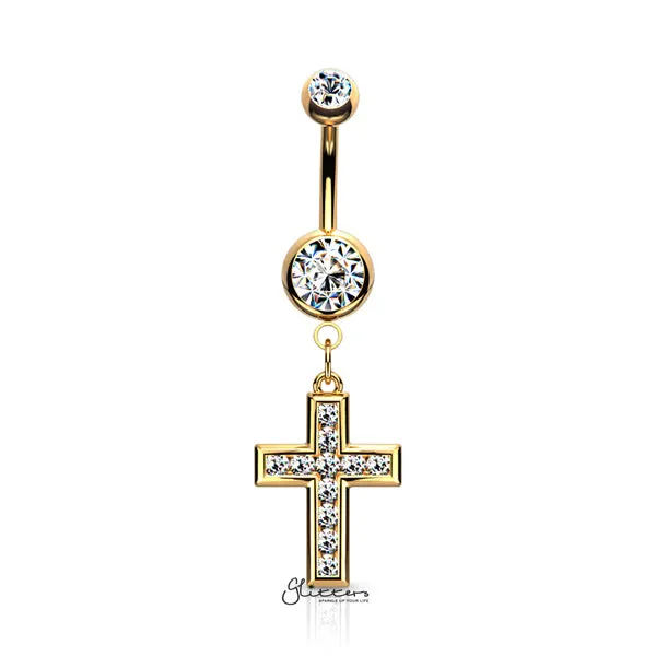 316L Surgical Steel Jeweled CZ Set Cross Dangle Belly Button Navel Rings