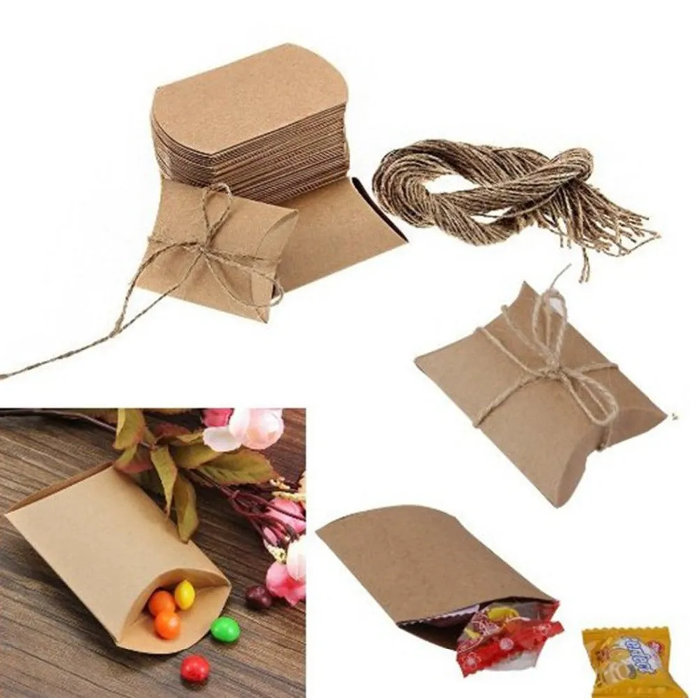 50PCS Cute Kraft Paper Pillow favor Box Wedding Party Favour Gift Candy Boxes Home Party Birthday Supply