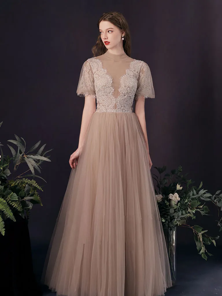 A-Line Tulle Lace Champagne Long Prom Dress, Champagne Long Bridesmaid Dress