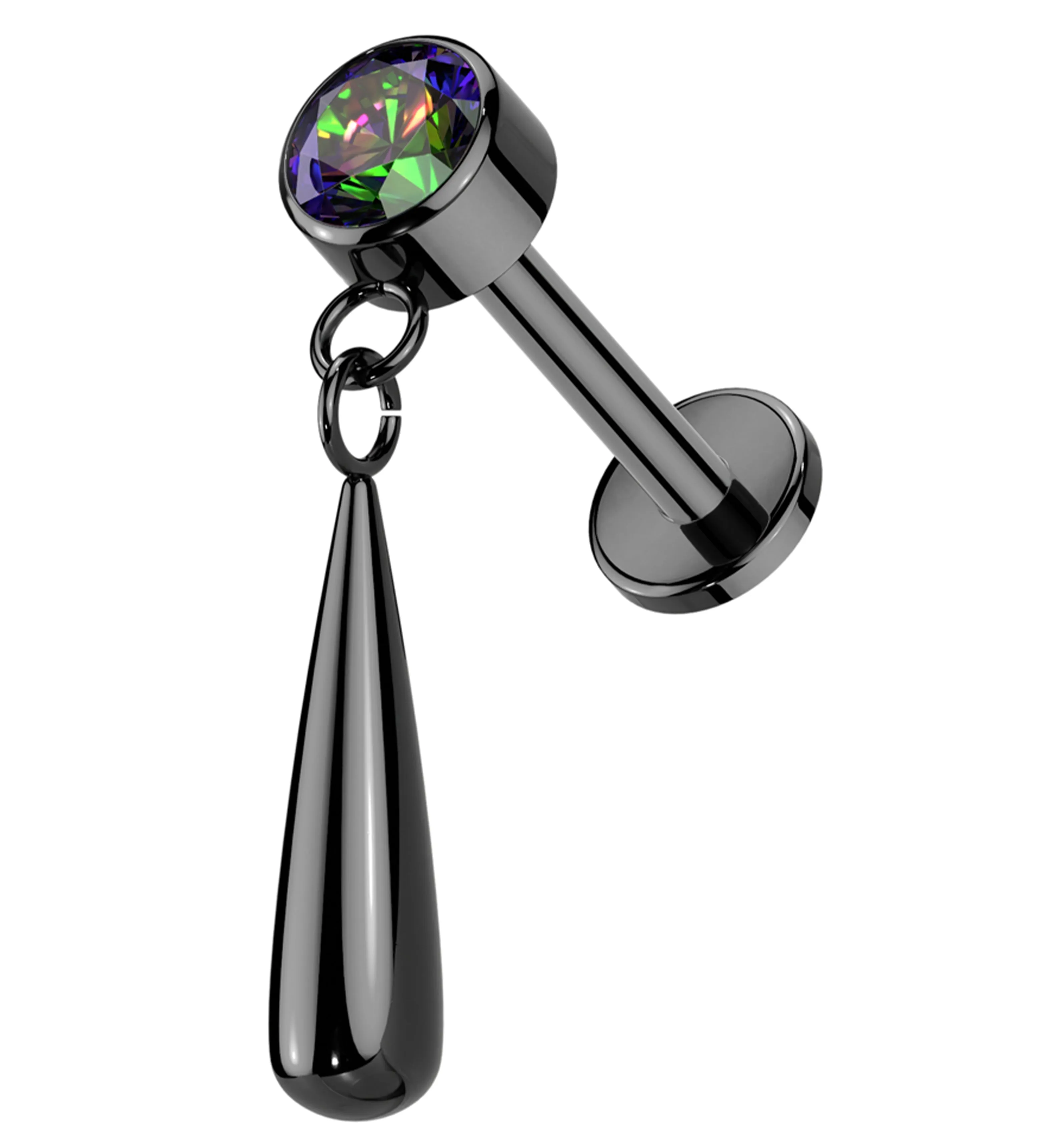 Black PVD Black Aurora CZ Dangle Teardrop Internally Threaded Titanium Labret