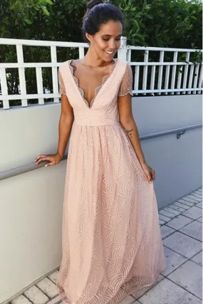 Charming Deep V Neck Short Sleeves Long Prom Dresses