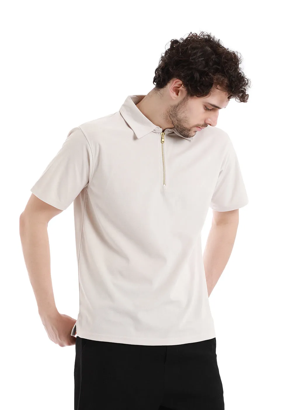 Cream Beige Zip polo T-shirt