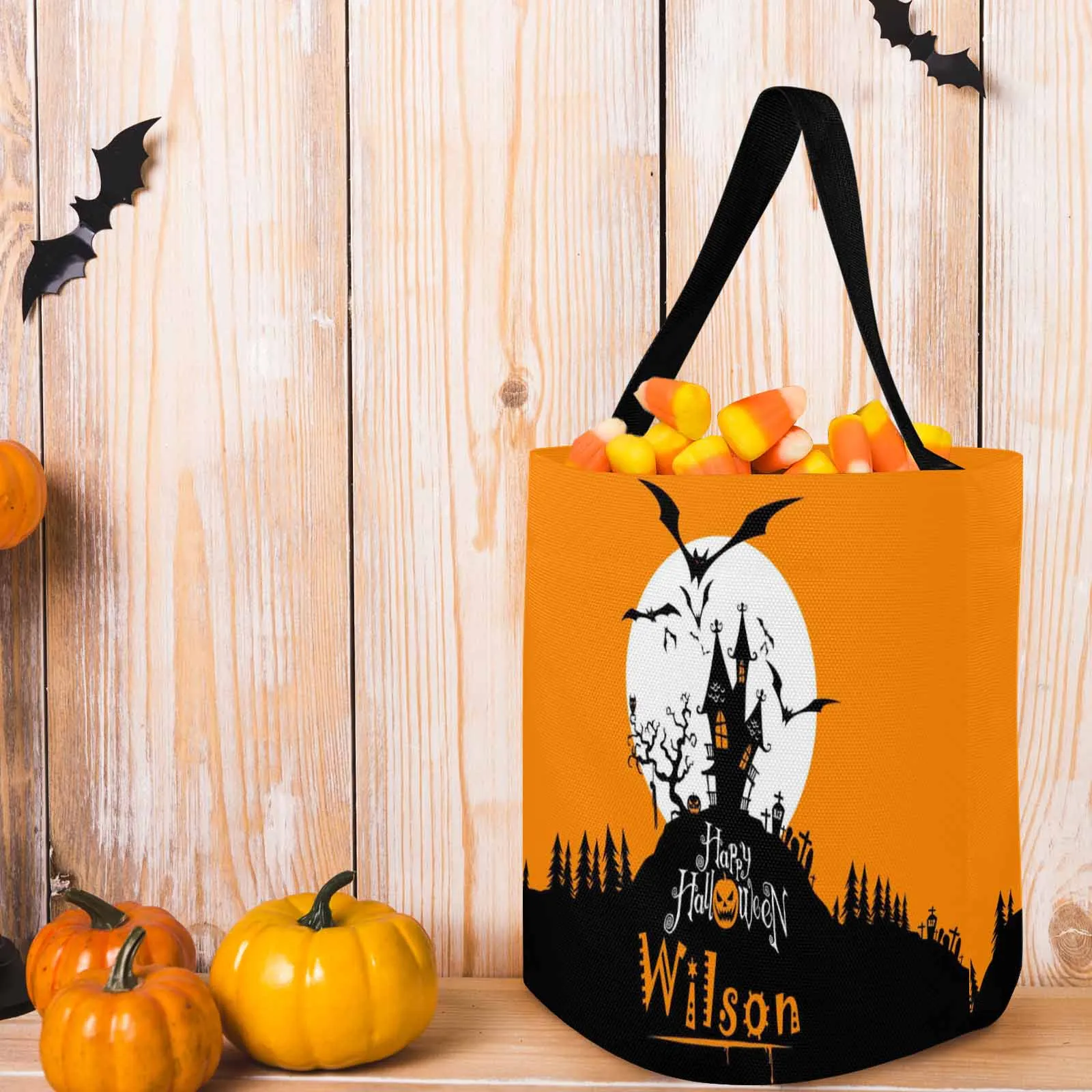 Custom Name Bat Castle Halloween Trick or Treat Colorful Tote Bags (8.26 x 7.87)