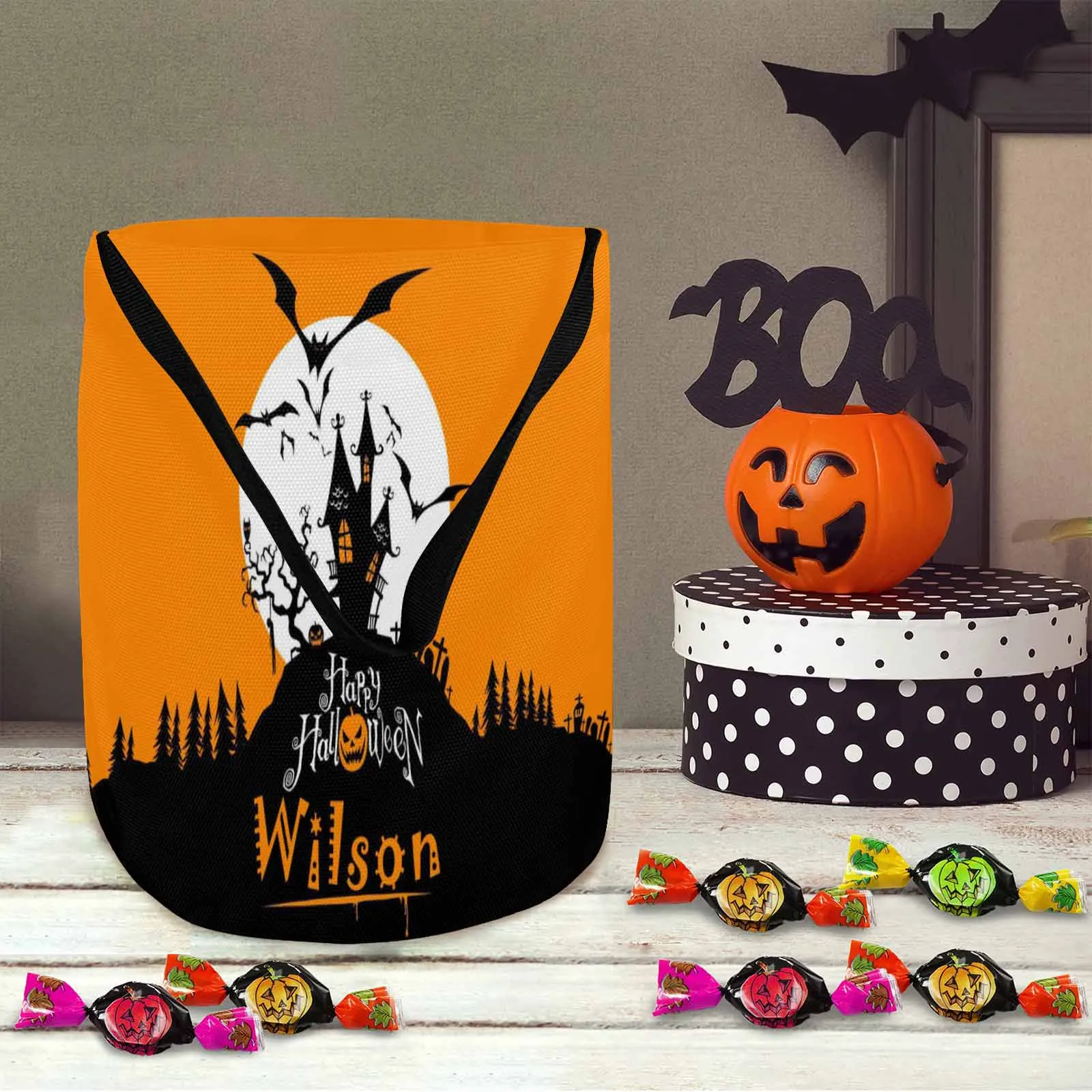 Custom Name Bat Castle Halloween Trick or Treat Colorful Tote Bags (8.26 x 7.87)