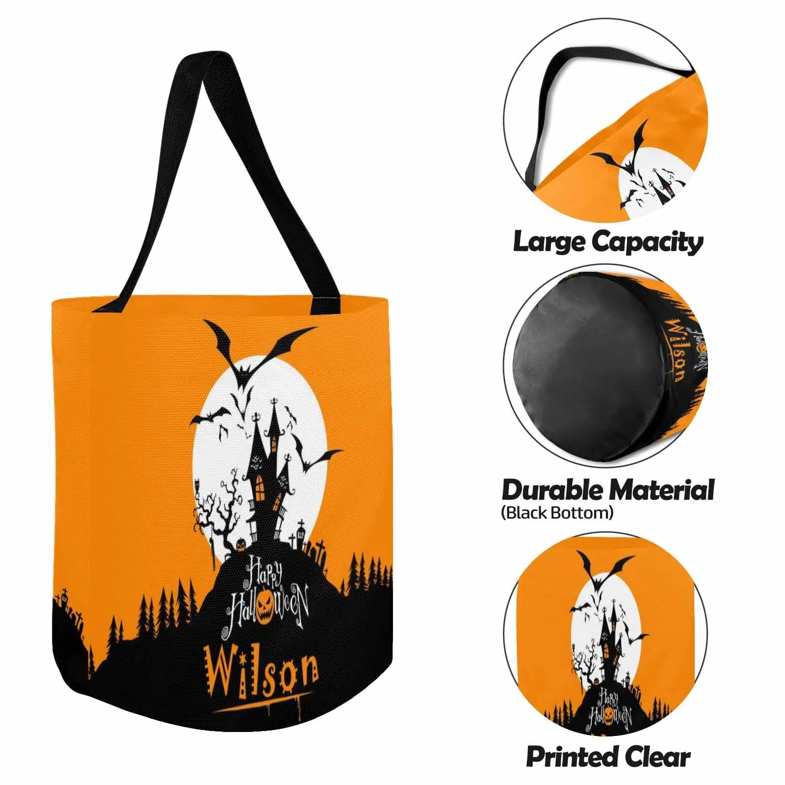 Custom Name Bat Castle Halloween Trick or Treat Colorful Tote Bags (8.26 x 7.87)