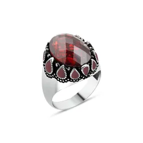 Facet Cut Ellipse Red Zircon Stone Silver Men's Ring with Red Teardrops Around