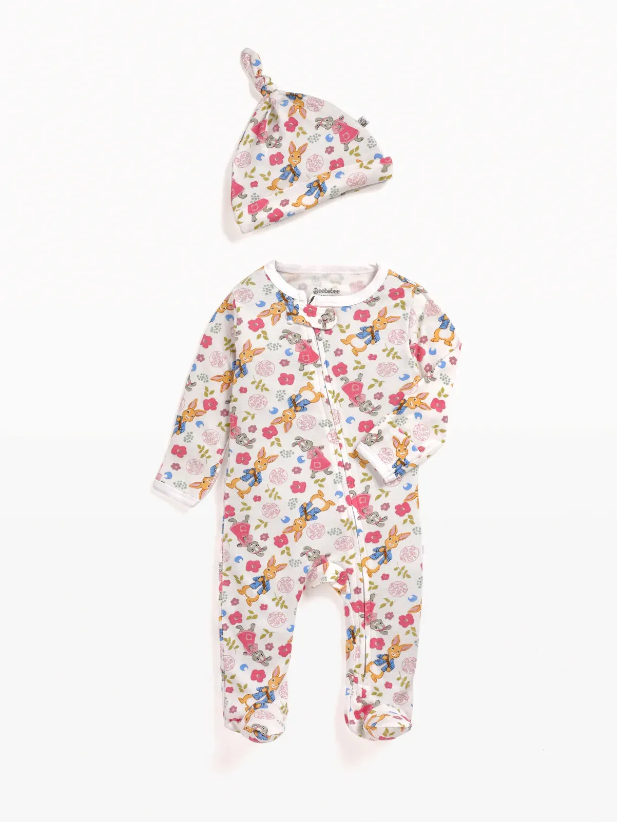 Full sleeve orange and grey rabbit pattern in white zipper sleepsuit with cap  for baby