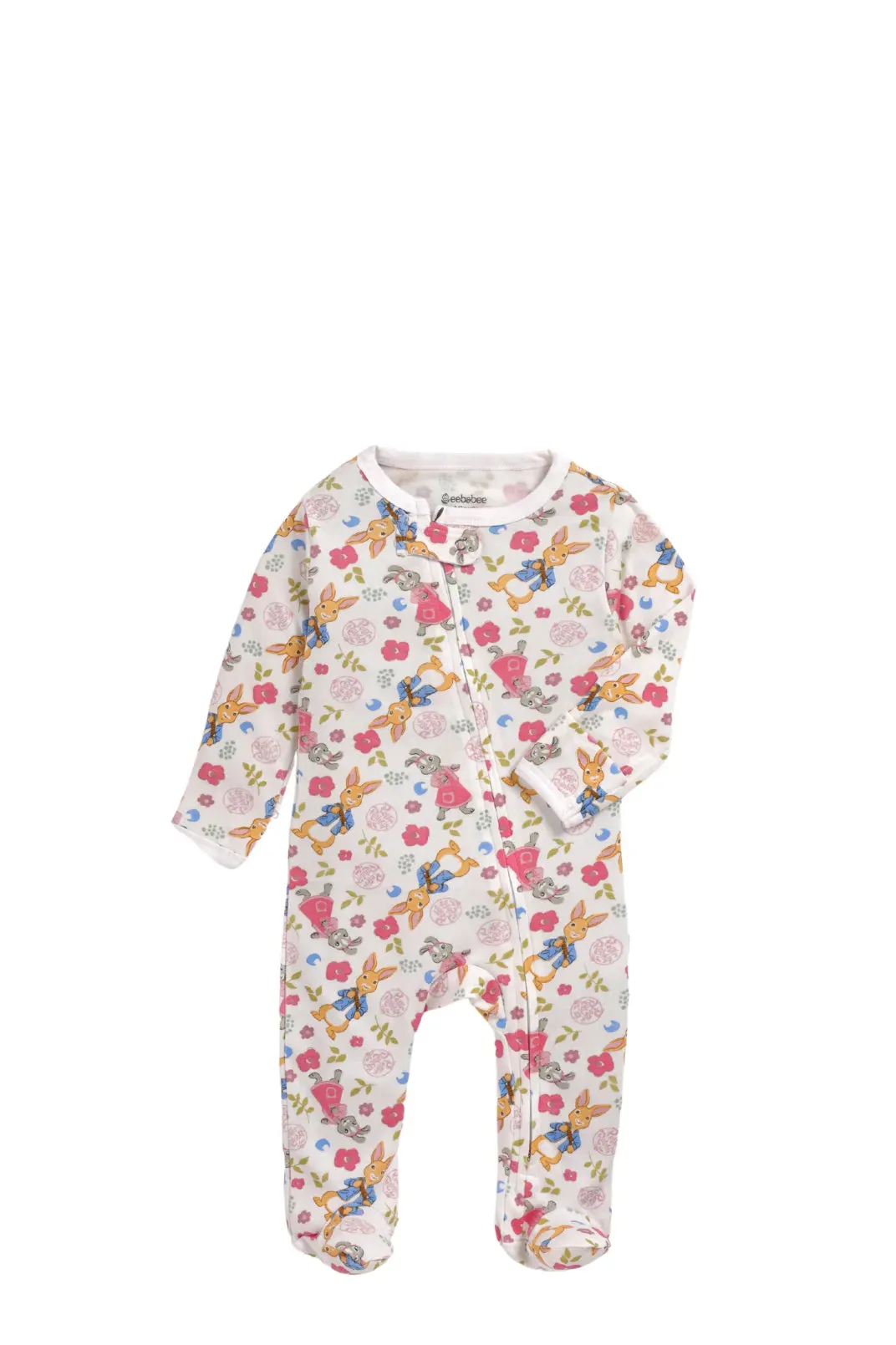 Full sleeve orange and grey rabbit pattern in white zipper sleepsuit with cap  for baby