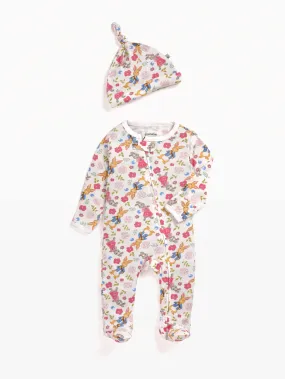 Full sleeve orange and grey rabbit pattern in white zipper sleepsuit with cap  for baby