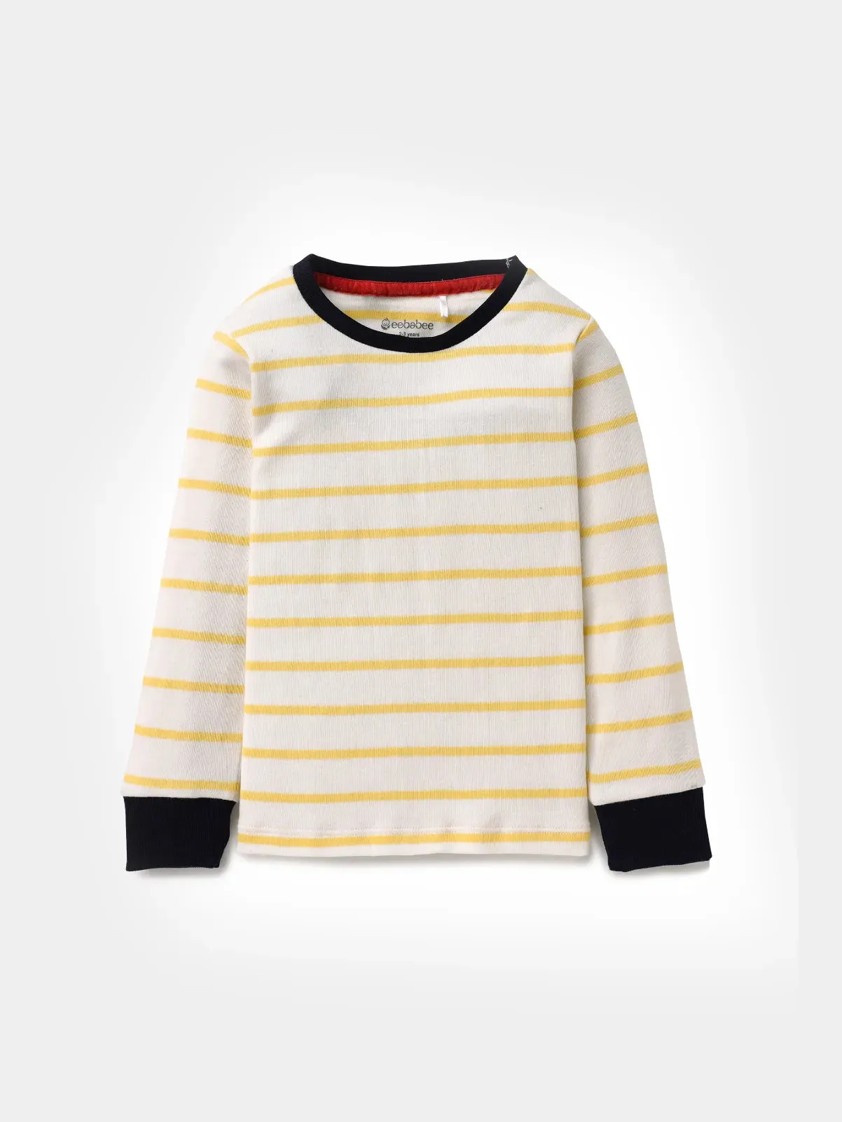 Full sleeve yellow stripe pattern in white cuff t-shirt for baby