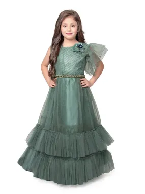 Girls Beetle Coloured One Side Fancy Sleeves Style Gown For Girls With Attached Dupatta