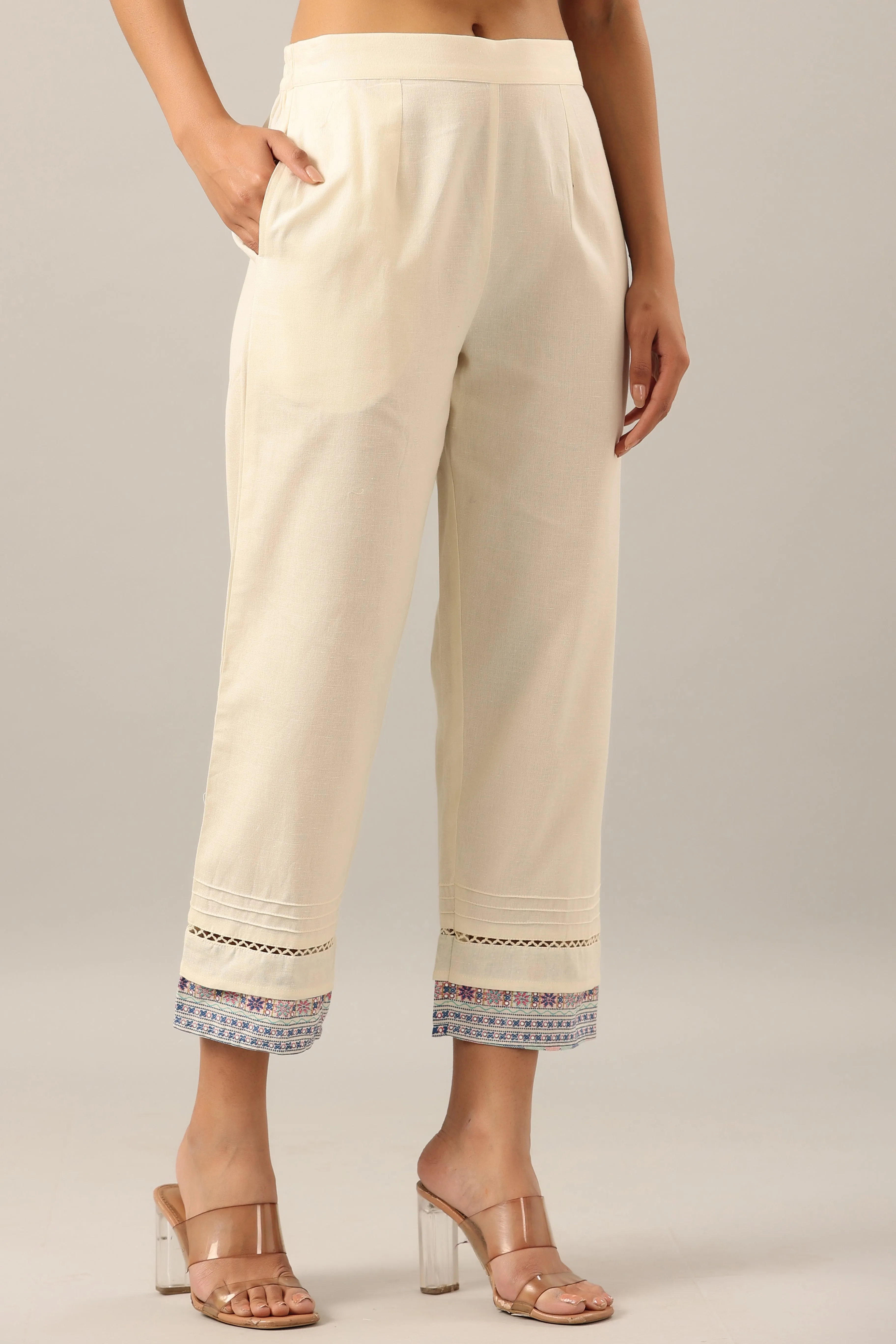 Juniper Off-White Solid Cotton Flex Pants With Printed Hem, Pintucks & Lace Work