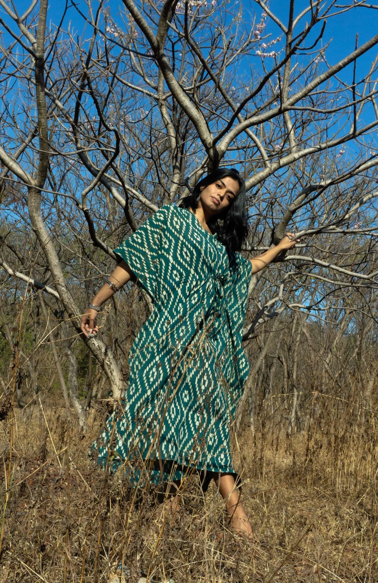 Kaisori Cubic print Mulmul natural dyed green Kaftan