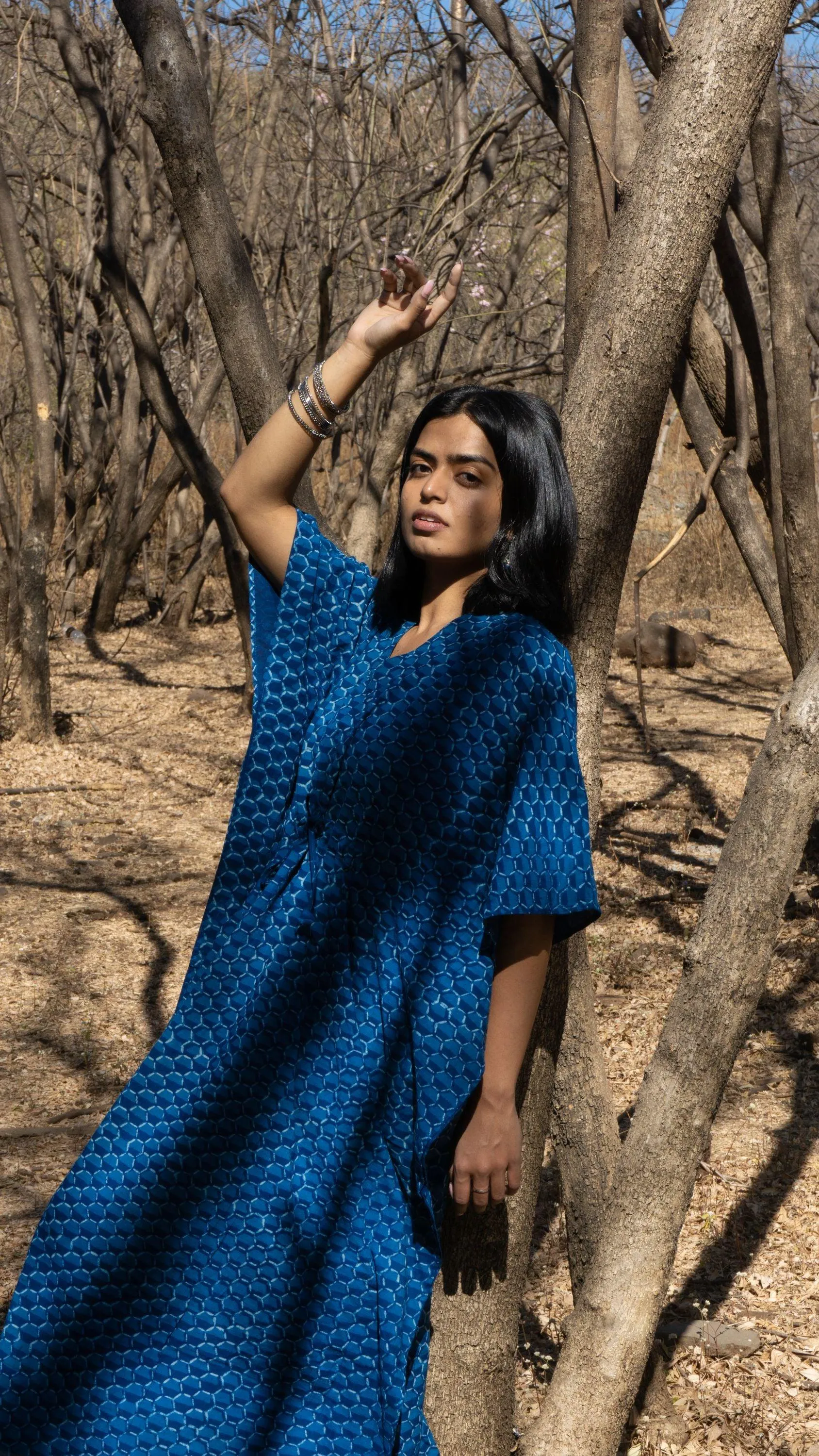 Kaisori Mulmul Chanda natural dyed Indigo block printed Kaftan