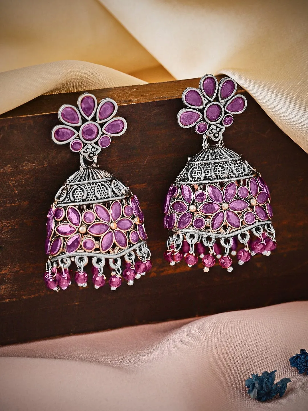 Rubans Oxidized Jhumkas With Ruby Stones