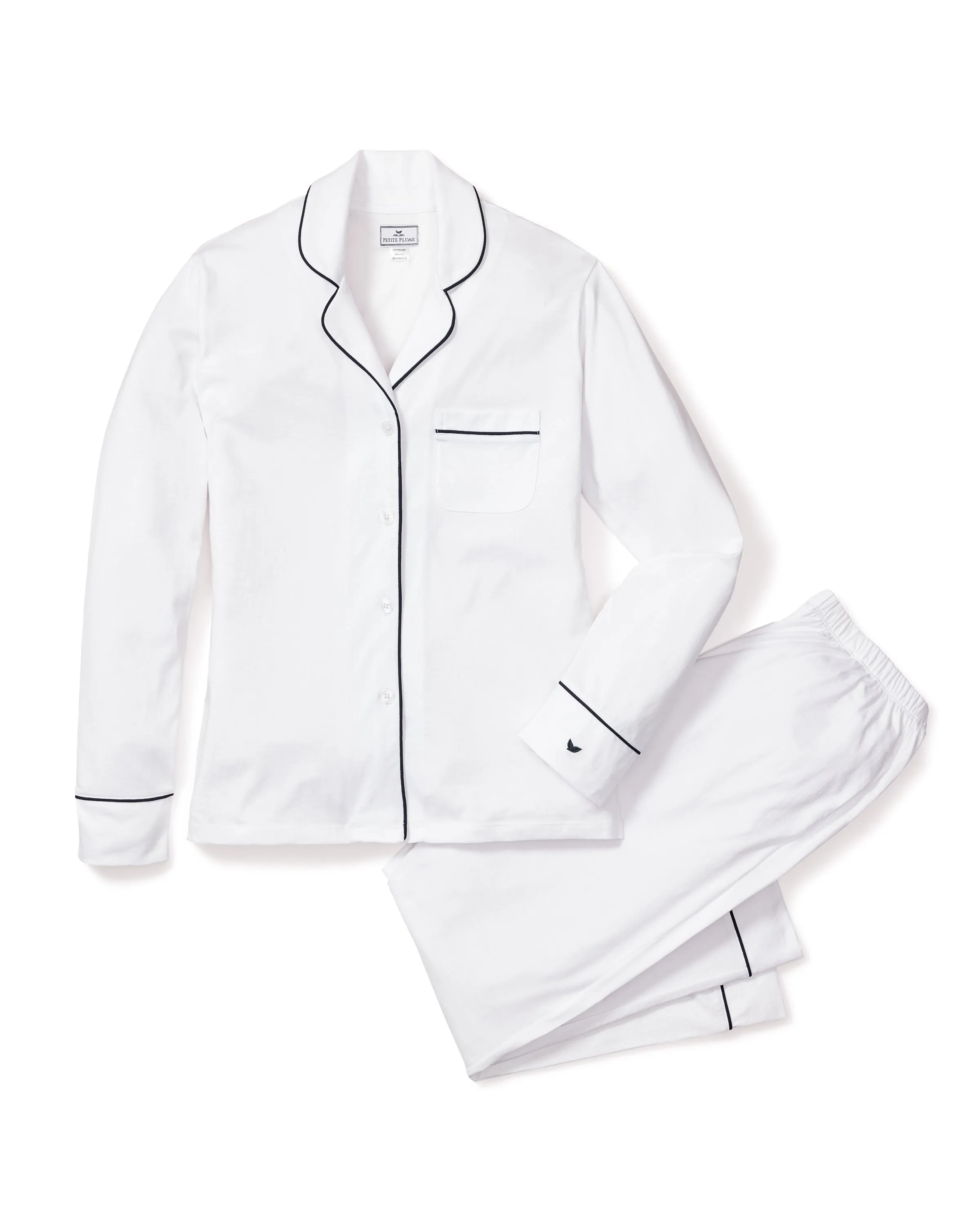 Women's Pima Pajama Set in White with Navy Piping